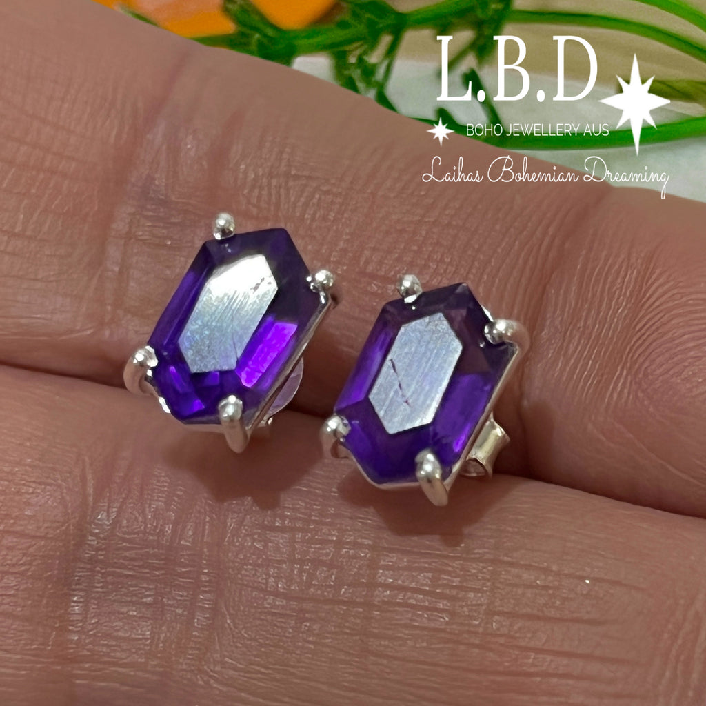 Laihas Hex Crystal Amethyst Stud Earrings Gemstone Sterling Silver Earrings Laihas Bohemian Dreaming -L.B.D