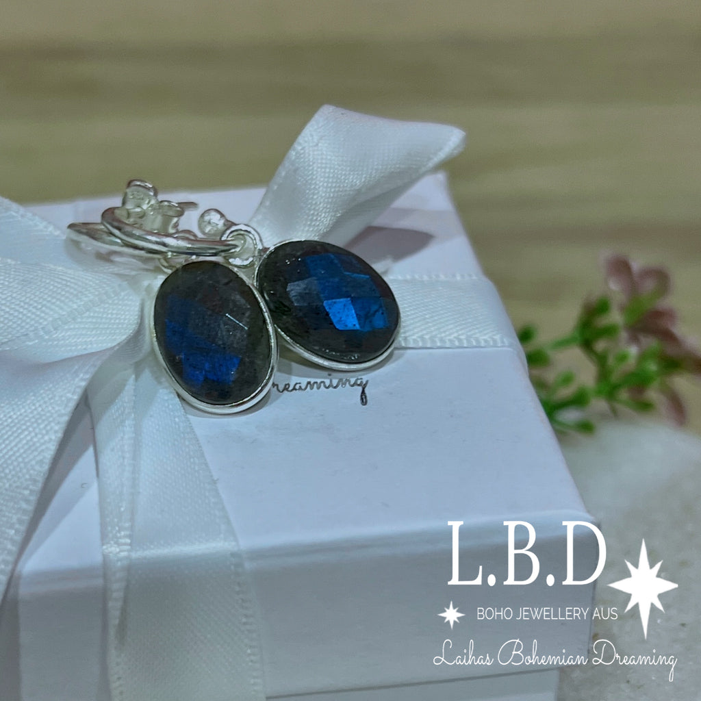 Laihas Iridescent Labradorite Hoop Earrings Gemstone Sterling Silver Earrings Laihas Bohemian Dreaming -L.B.D