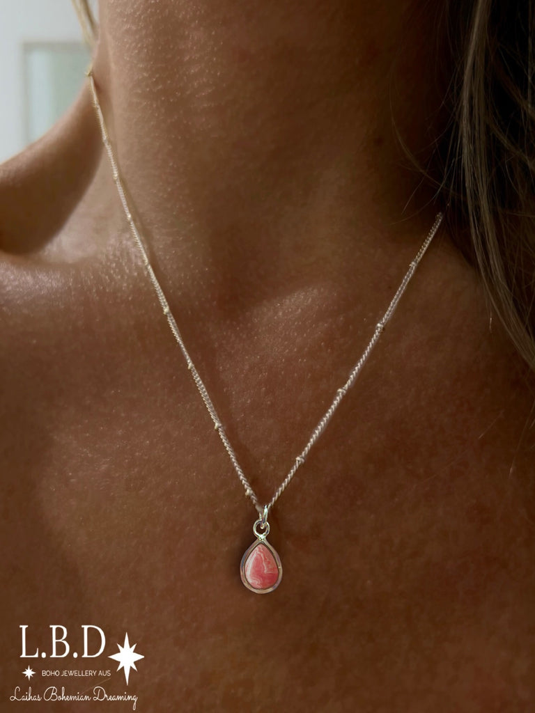 Laihas Mini Classic Chic Raindrop Rhodochrosite Necklace Gemstone Sterling Silver necklace Laihas Bohemian Dreaming -L.B.D