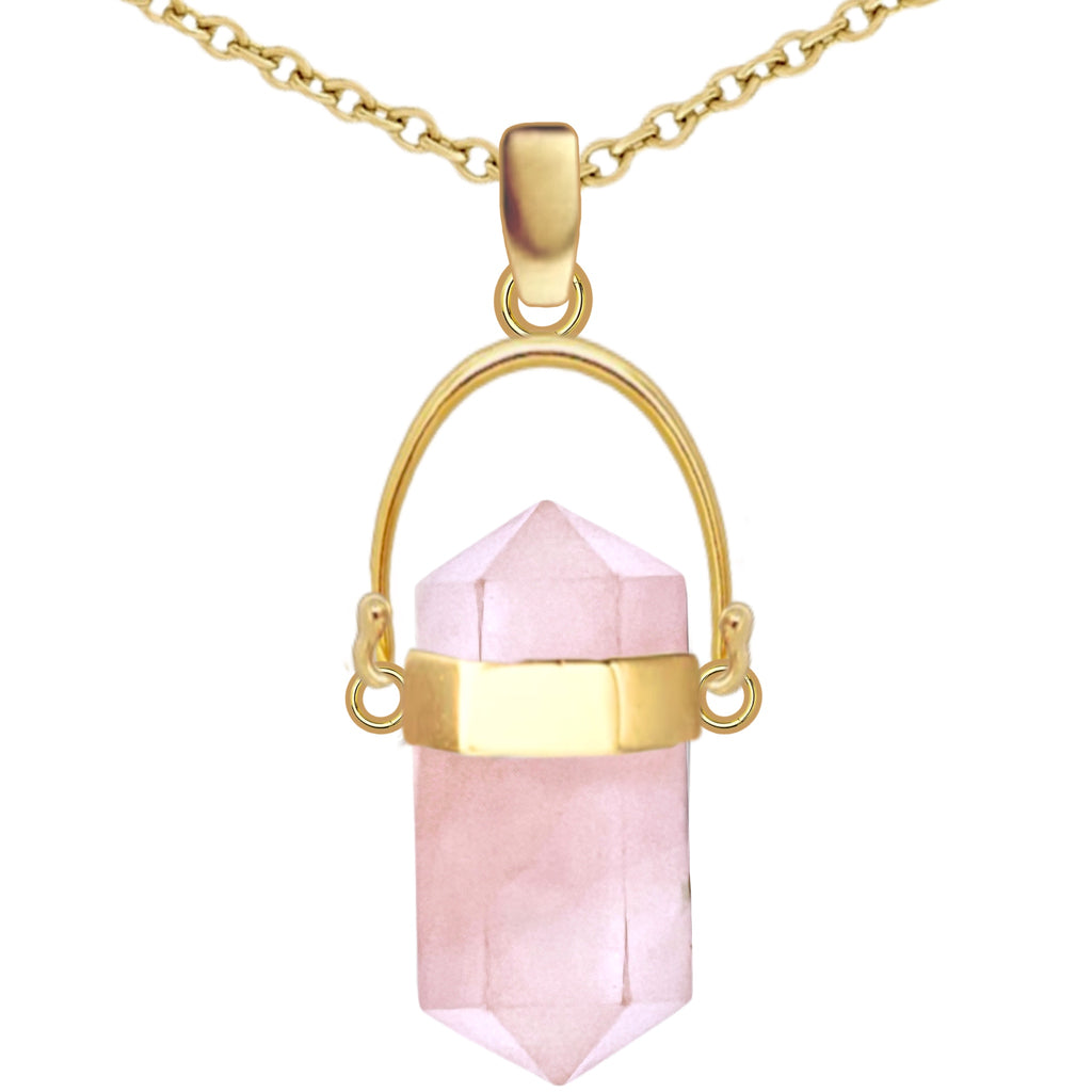 Laihas Large Crystal Kindness Gold Rose Quartz Necklace- Long Crystal Necklace Gold Gemstone Necklace Laihas Bohemian Dreaming -L.B.D