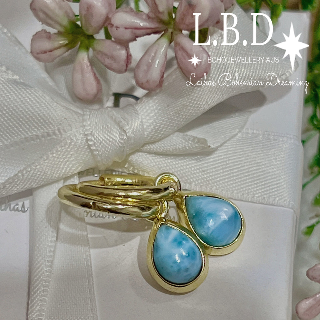 Laihas Classic Chic Raindrop Gold Larimar Hoop Earrings Gold Gemstone earrings Laihas Bohemian Dreaming -L.B.D