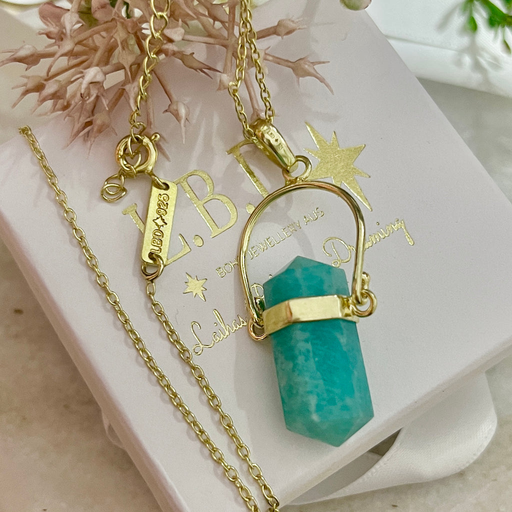 Laihas Large Crystal Kindness Gold Amazonite Necklace- Long Crystal Necklace Gold Gemstone Necklace Laihas Bohemian Dreaming -L.B.D