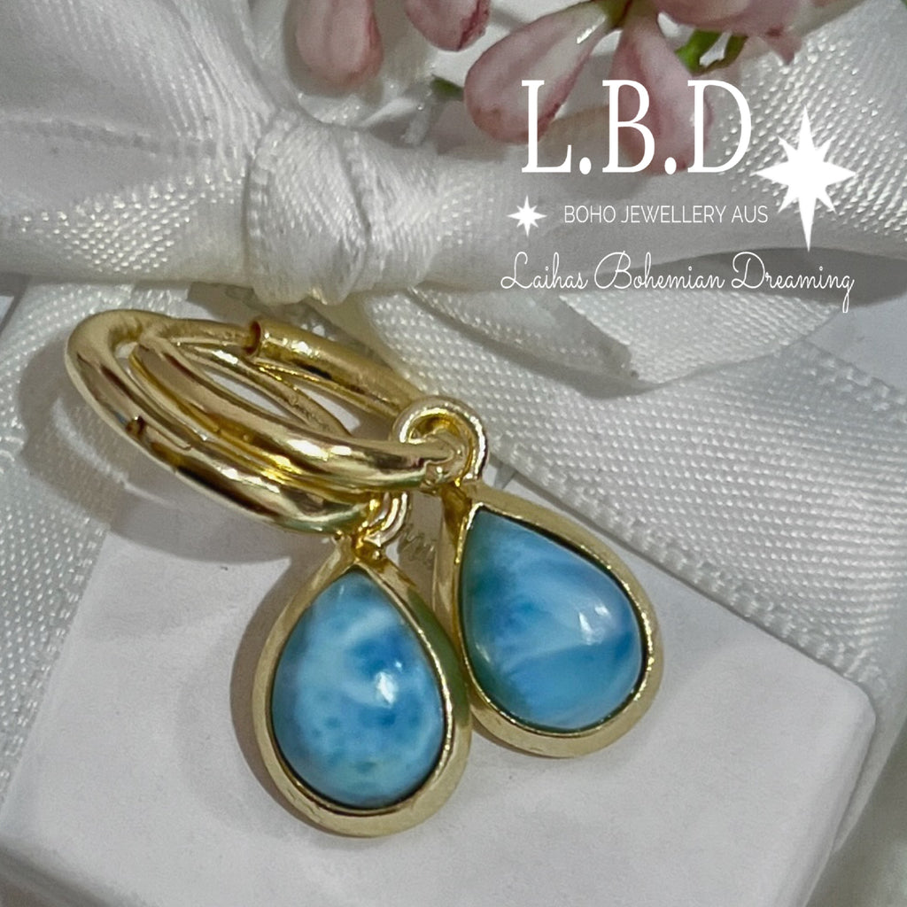 Laihas Classic Chic Raindrop Gold Larimar Hoop Earrings Gold Gemstone earrings Laihas Bohemian Dreaming -L.B.D