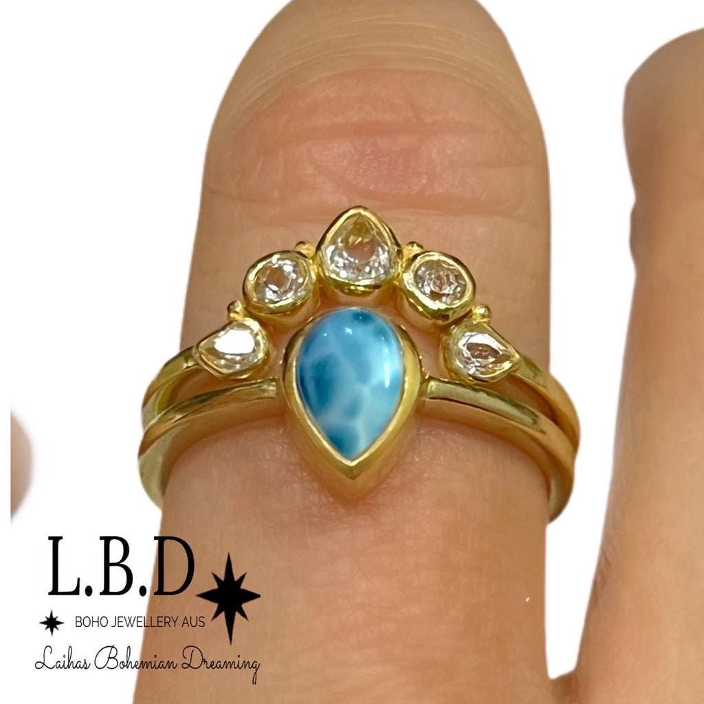 Laihas Queen Of Cups Gold Topaz and Larimar Ring Set Gold gemstone Ring Laihas Bohemian Dreaming -L.B.D