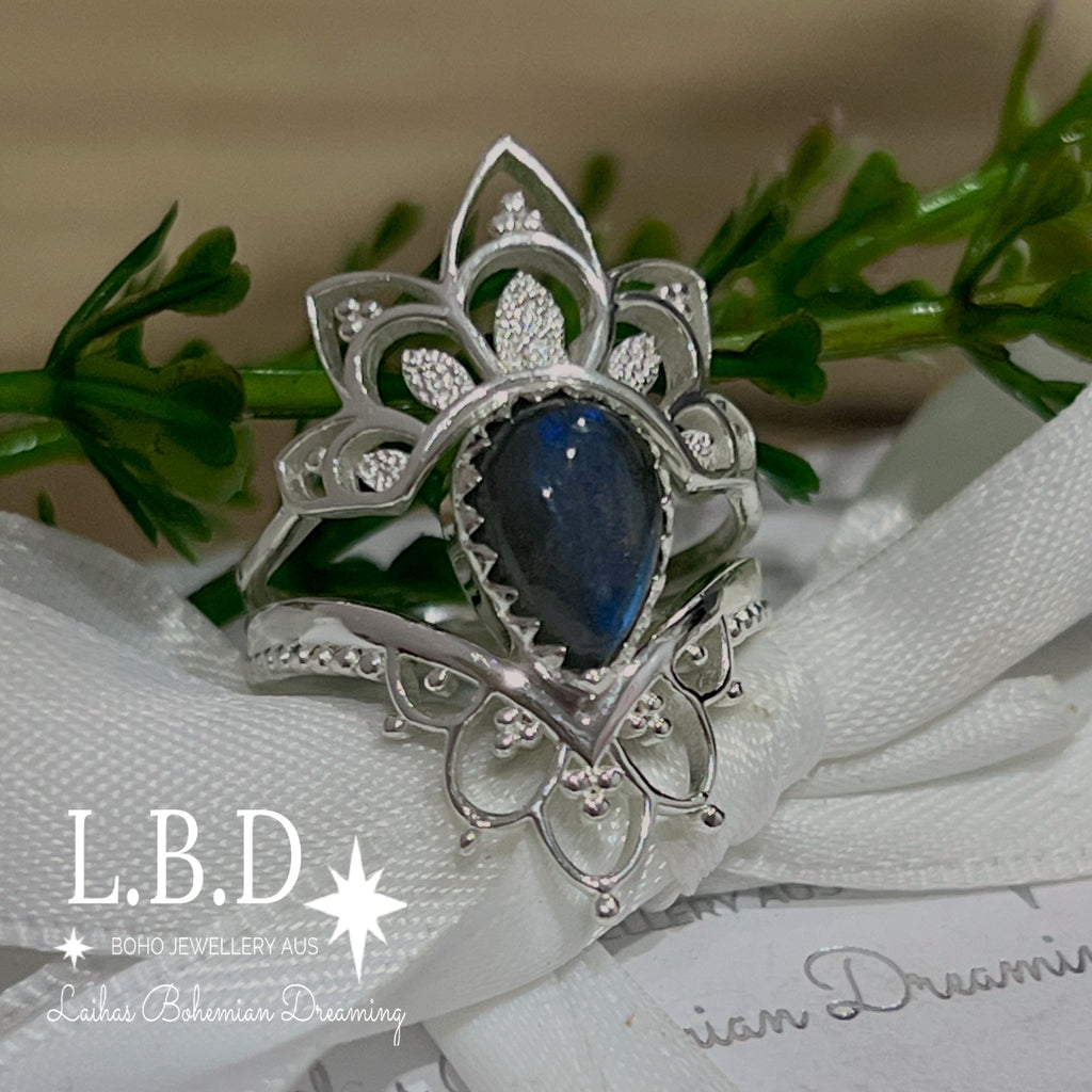 Laihas Daisly Boho Labradorite Ring Set Gemstone Sterling Silver Ring Laihas Bohemian Dreaming -L.B.D