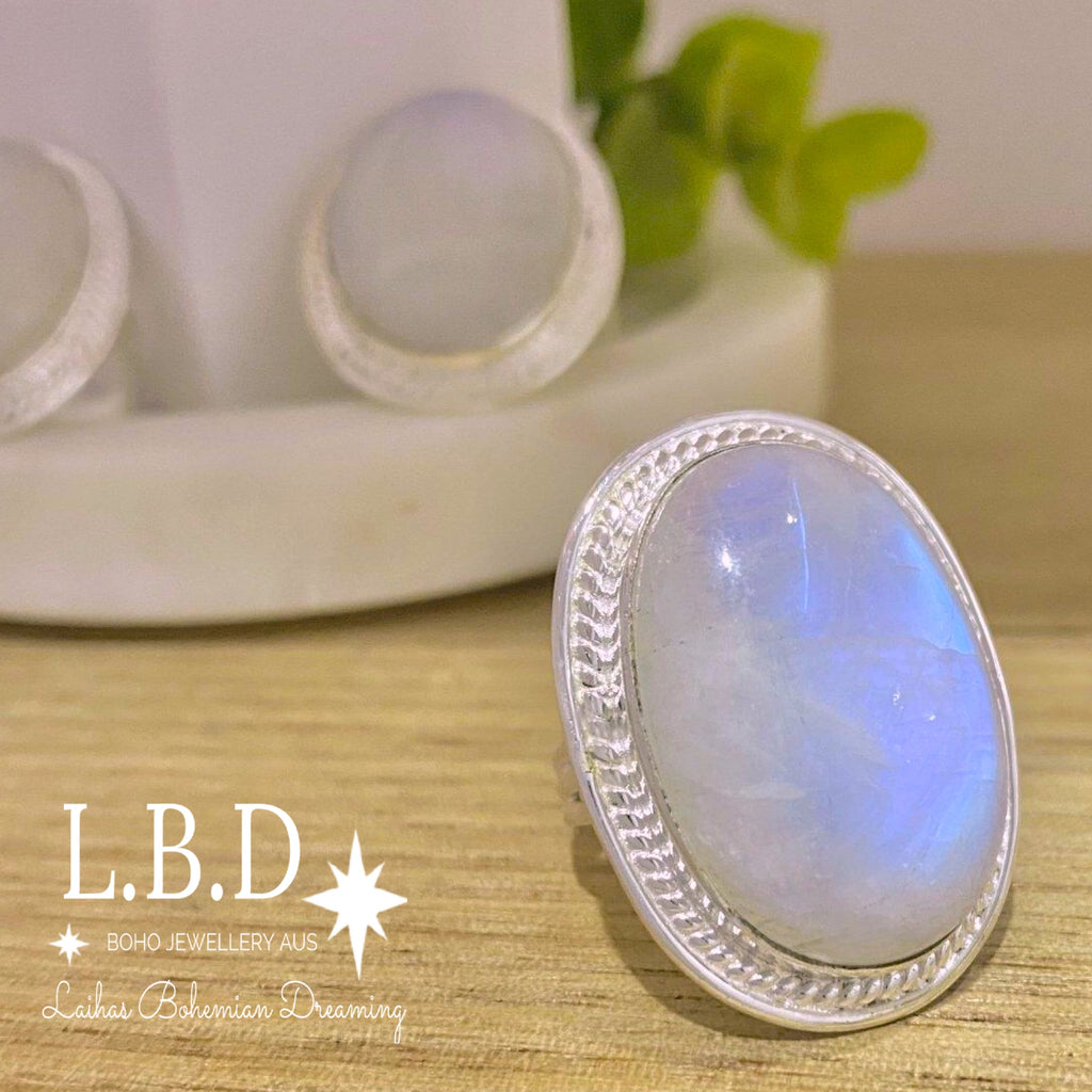 Gleaming Boho Statement Moonstone Ring - LBD Gemstone Sterling Silver Ring Laihas Bohemian Dreaming -L.B.D
