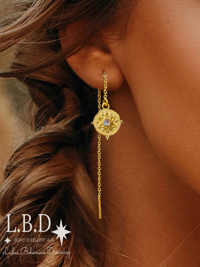 Intricate Vera May Threader Style Gold Moonstone Earrings Gold Gemstone earrings Laihas Bohemian Dreaming -L.B.D