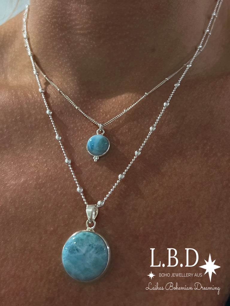 Laihas Classic Chic Round Larimar Necklace Gemstone Sterling Silver necklace Laihas Bohemian Dreaming -L.B.D