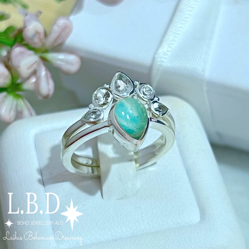 Laihas Queen Of Cups Topaz and Amazonite Ring Set Gemstone Sterling Silver Ring Laihas Bohemian Dreaming -L.B.D