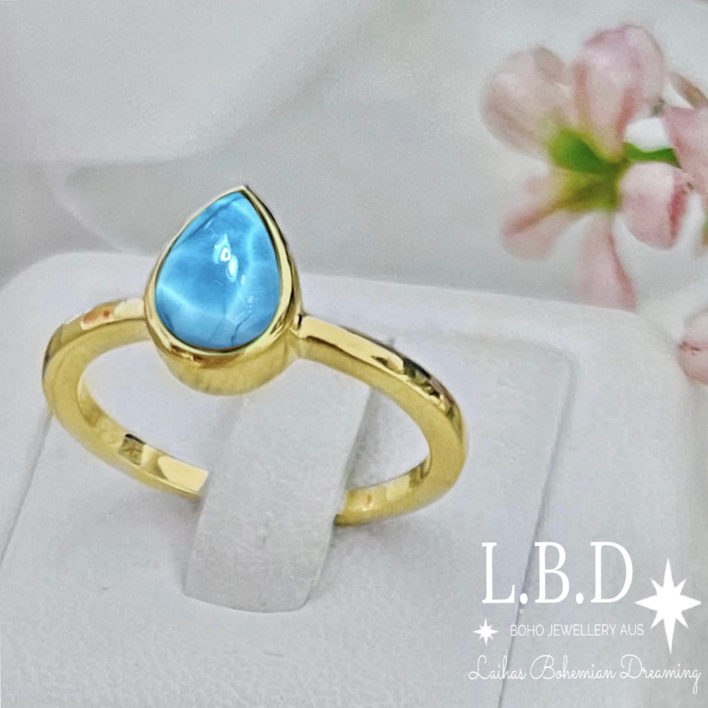 Laihas Mini Tearing Spirit Gold Larimar Ring Gemstone Gold Ring Laihas Bohemian Dreaming -L.B.D