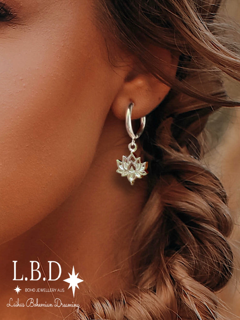 Laihas Boho Chic Lotus Flower Hoop Earrings- Sterling Silver Sterling Silver Earrings Laihas Bohemian Dreaming -L.B.D