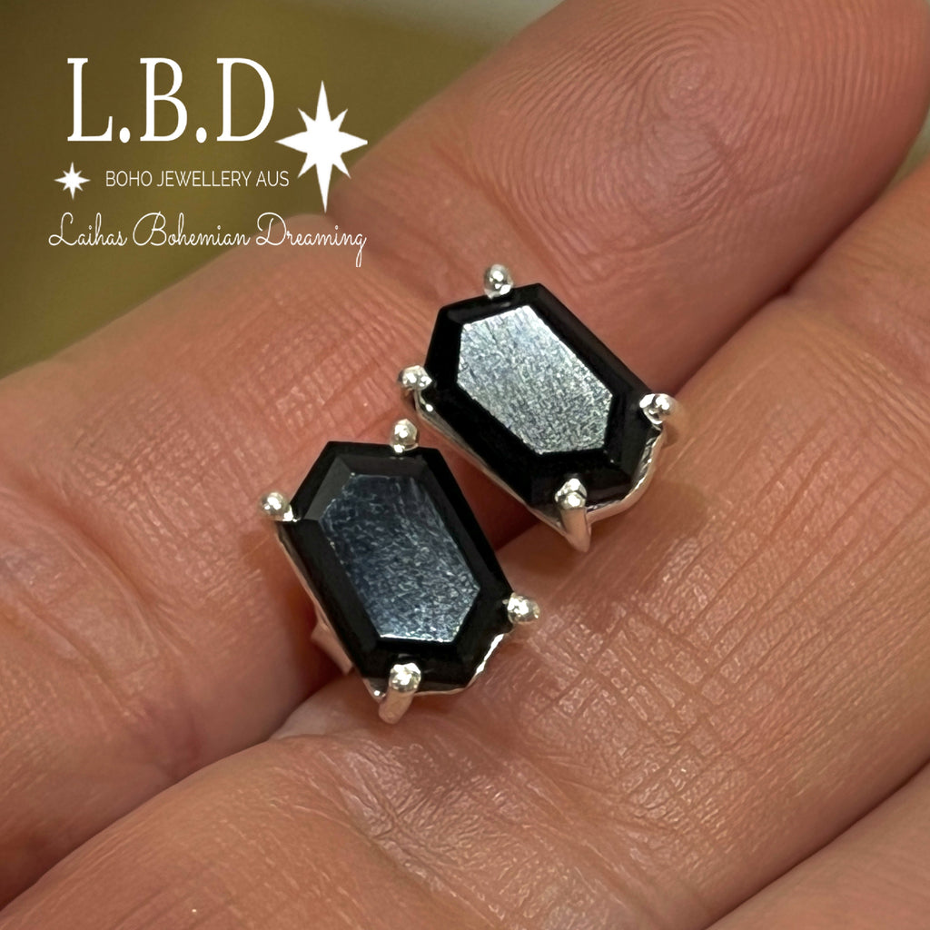 Laihas Hex Crystal Onyx Stud Earrings Gemstone Sterling Silver Earrings Laihas Bohemian Dreaming -L.B.D