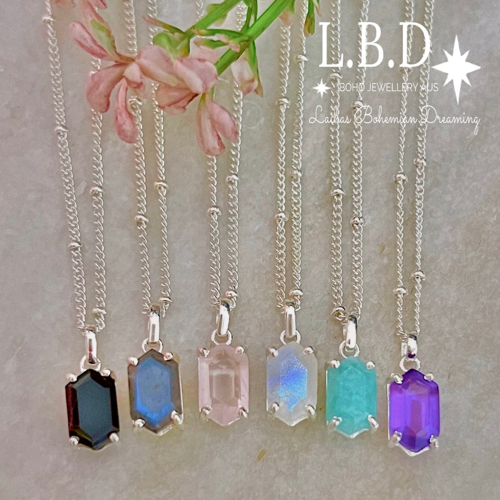 Laihas Mini Hex Crystal Labradorite Necklace Gemstone Sterling Silver necklace Laihas Bohemian Dreaming -L.B.D
