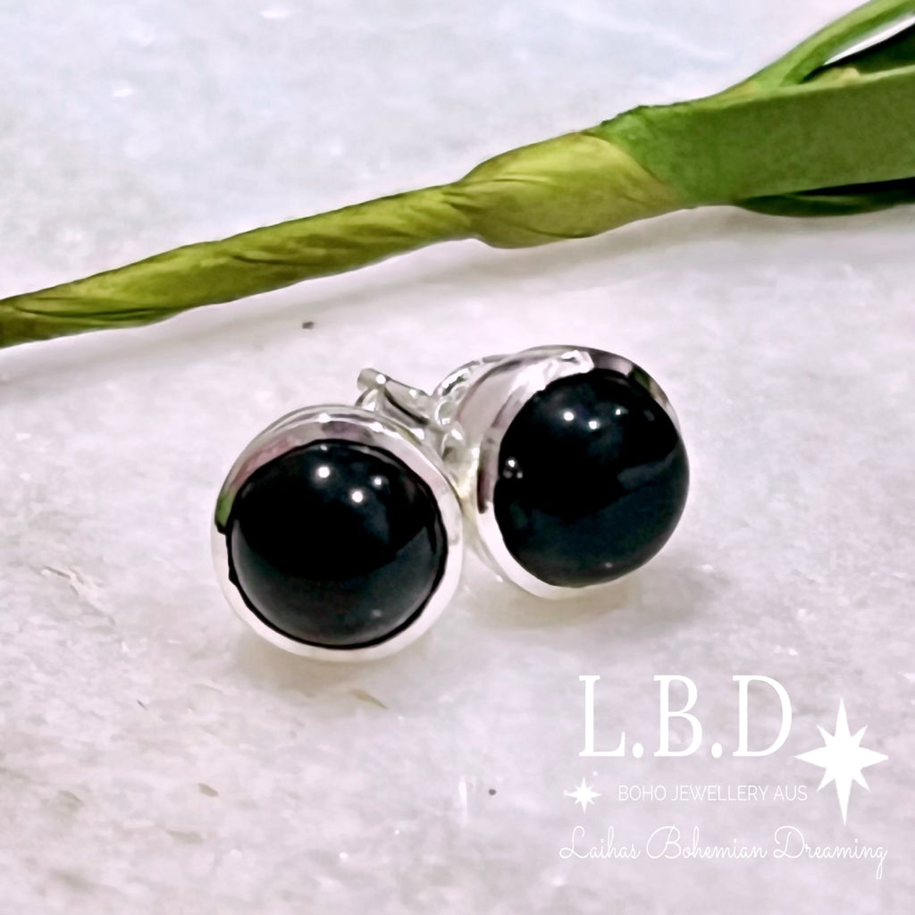 Laihas Classic Round Onyx Stud Earrings Gemstone Sterling Silver Earrings Laihas Bohemian Dreaming -L.B.D