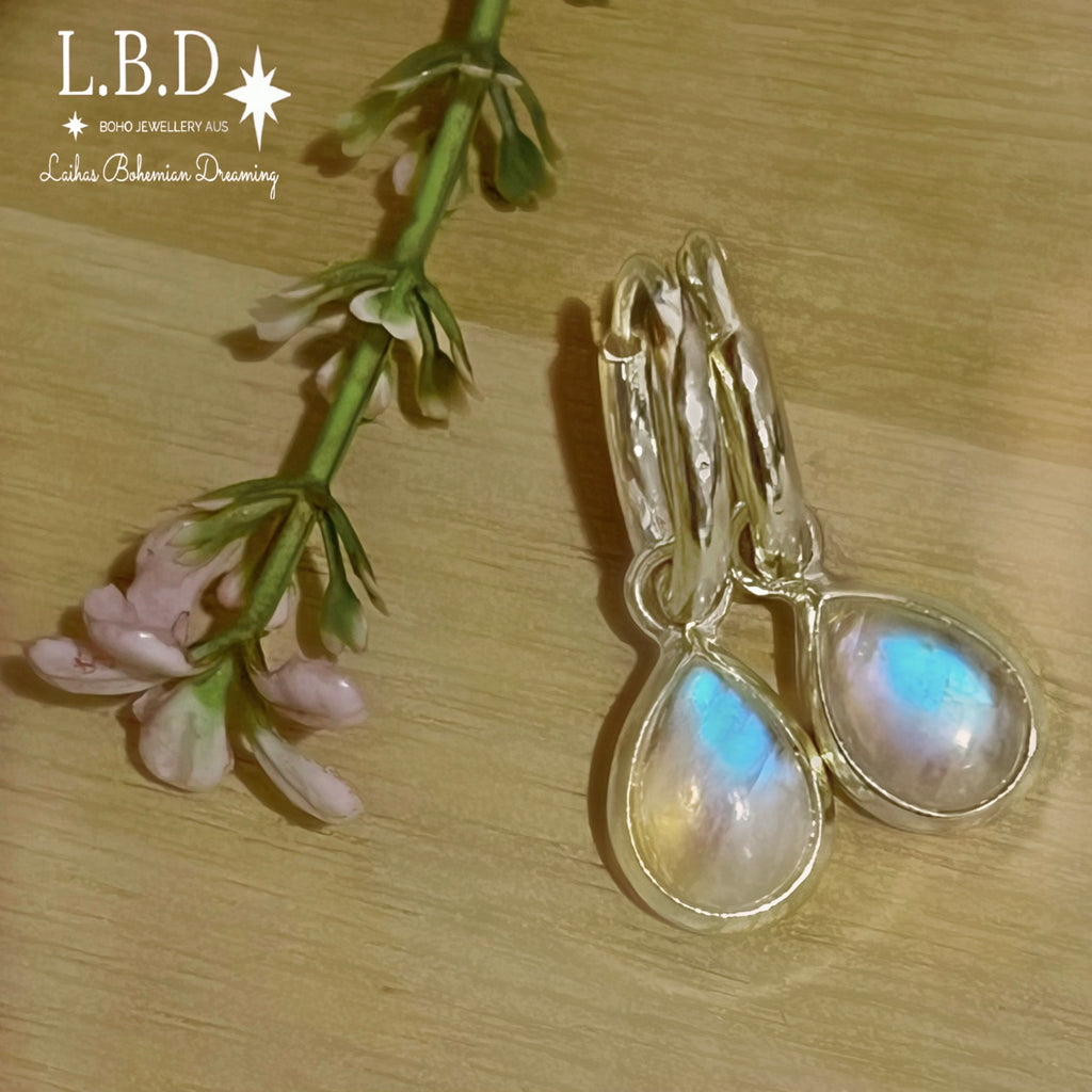 Laihas Classic Chic Raindrop Moonstone Hoop Earrings Gemstone Sterling Silver Earrings Laihas Bohemian Dreaming -L.B.D