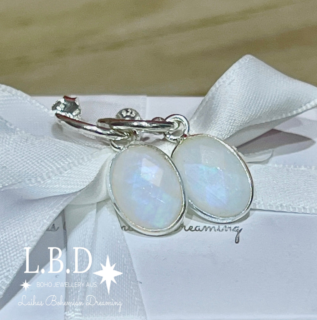 Laihas Iridescent Moonstone Hoop Earrings Gemstone Sterling Silver Earrings Laihas Bohemian Dreaming -L.B.D