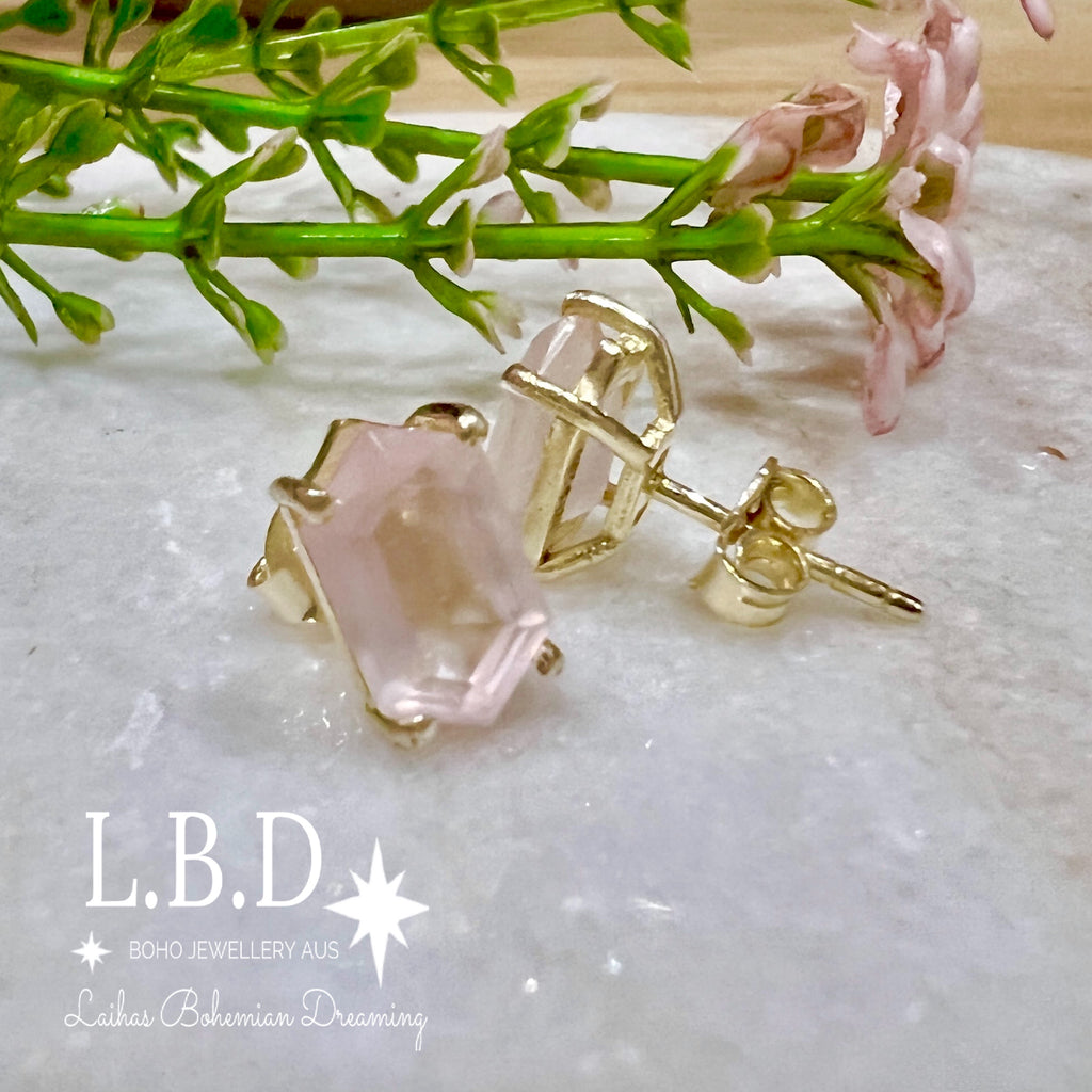 Laihas Hex Crystal Gold Rose Quartz Stud Earrings Gold Gemstone earrings Laihas Bohemian Dreaming -L.B.D