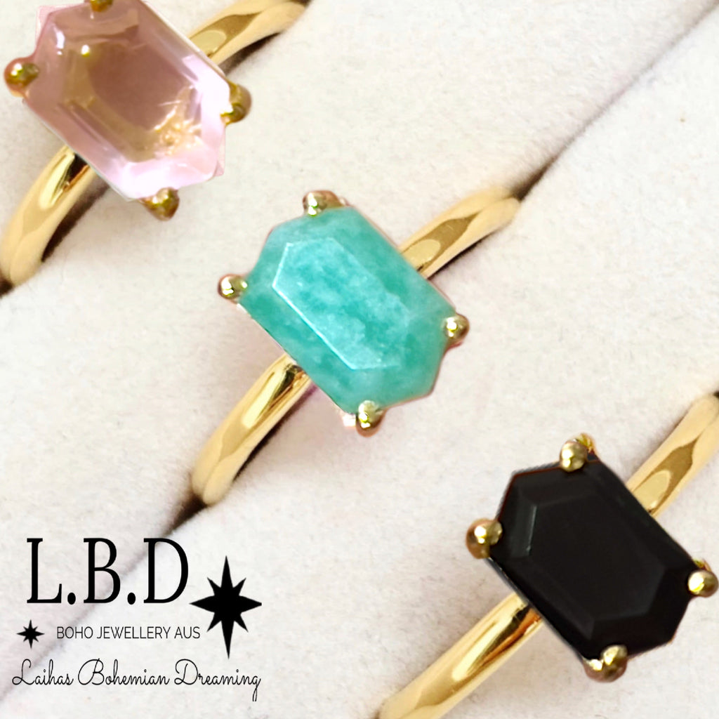 Laihas Gold Mini Hex Crystal Amazonite Ring Gemstone Gold Ring Laihas Bohemian Dreaming -L.B.D