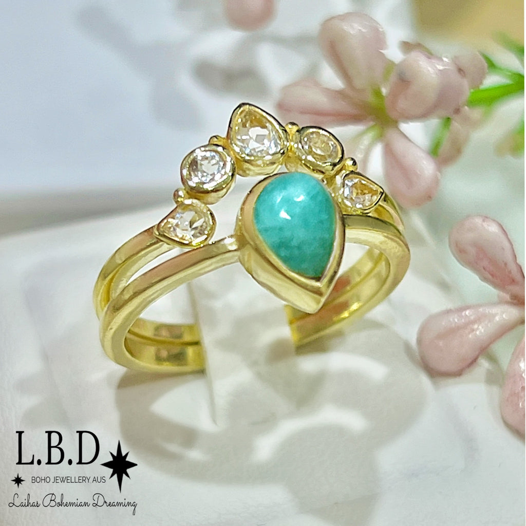 Laihas Queen Of Cups Gold Topaz and Amazonite Ring Set Gold gemstone Ring Laihas Bohemian Dreaming -L.B.D