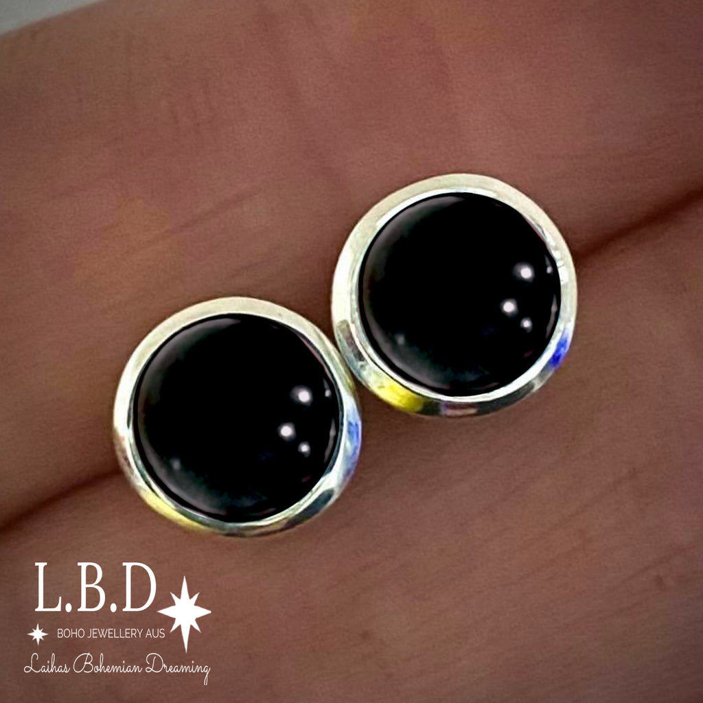 Laihas Classic Round Onyx Stud Earrings Gemstone Sterling Silver Earrings Laihas Bohemian Dreaming -L.B.D