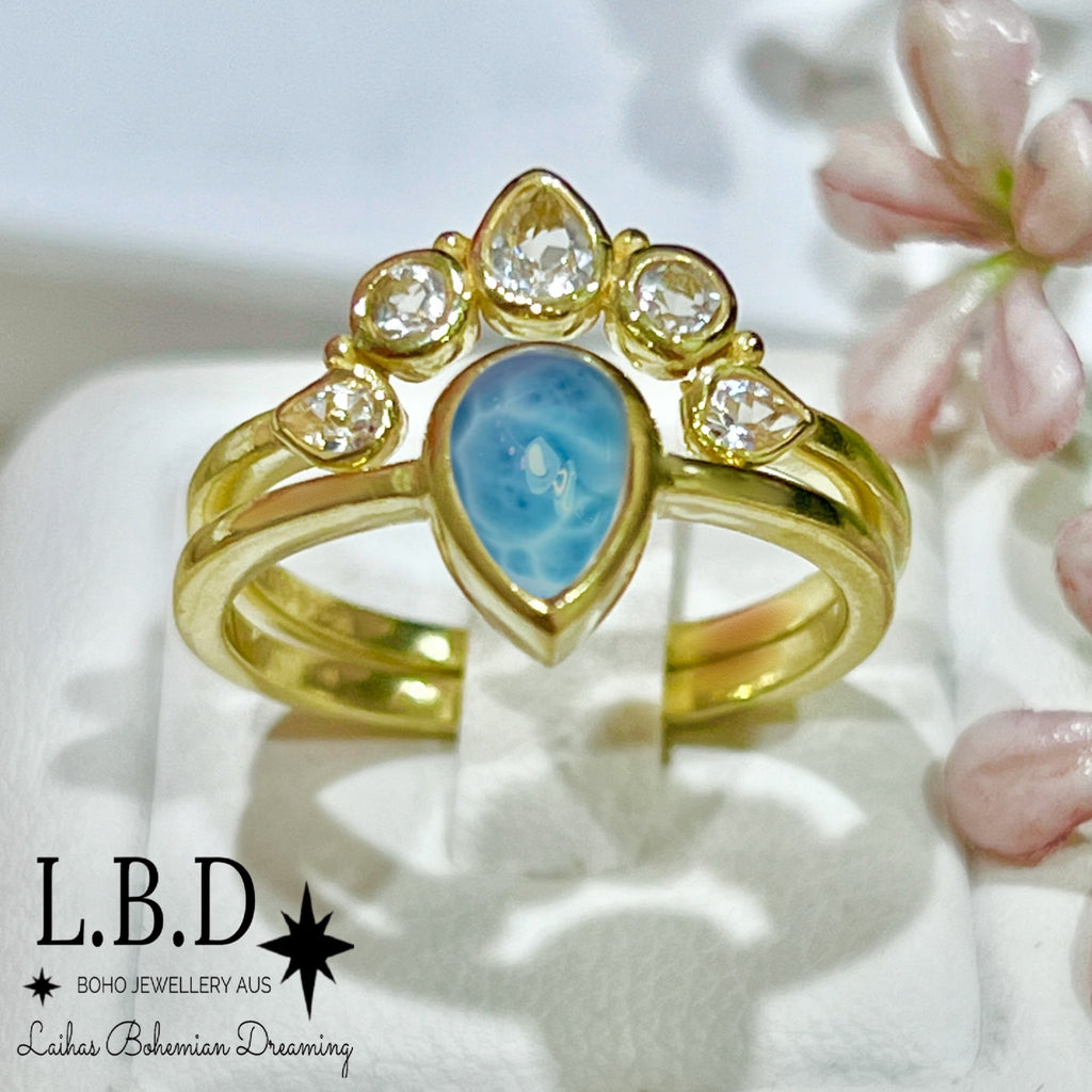 Laihas Queen Of Cups Gold Topaz and Larimar Ring Set Gold gemstone Ring Laihas Bohemian Dreaming -L.B.D