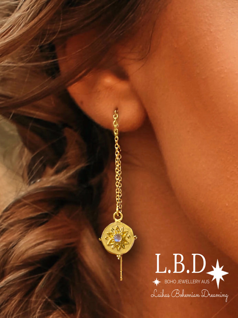 Intricate Vera May Threader Style Gold Moonstone Earrings Gold Gemstone earrings Laihas Bohemian Dreaming -L.B.D