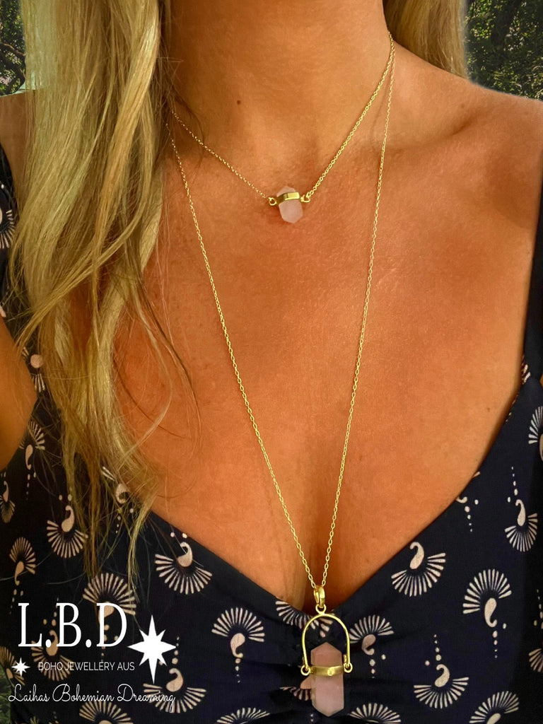 Laihas Large Crystal Kindness Gold Rose Quartz Necklace- Long Crystal Necklace Gold Gemstone Necklace Laihas Bohemian Dreaming -L.B.D