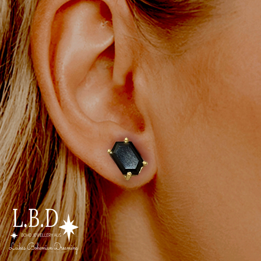 Laihas Hex Crystal Gold Onyx Stud Earrings Gold Gemstone earrings Laihas Bohemian Dreaming -L.B.D