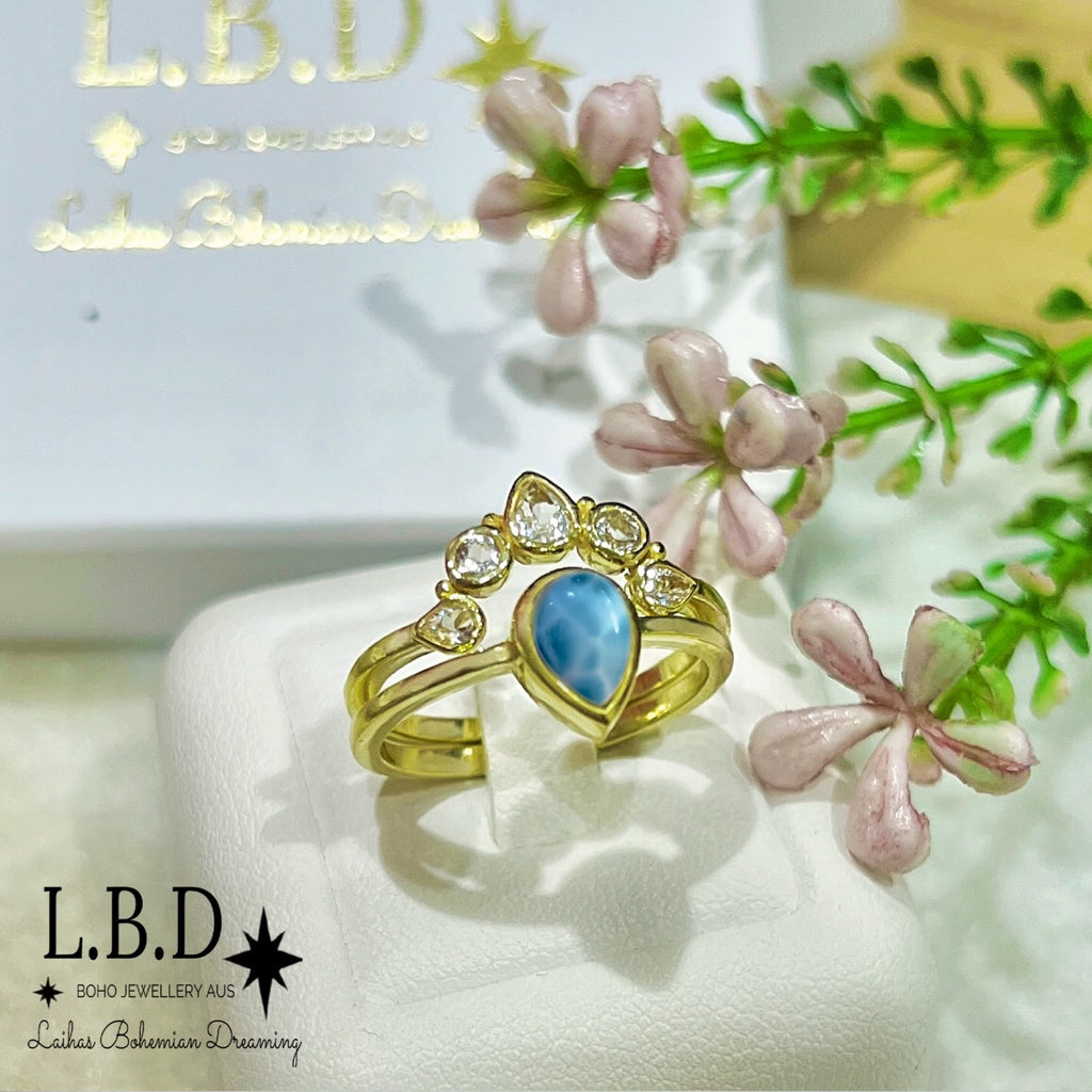 Laihas Queen Of Cups Gold Topaz and Larimar Ring Set Gold gemstone Ring Laihas Bohemian Dreaming -L.B.D