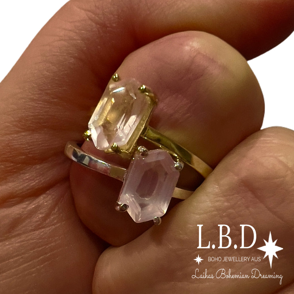 Laihas Mini Hex Crystal Rose Quartz Ring Gemstone Sterling Silver Ring Laihas Bohemian Dreaming -L.B.D