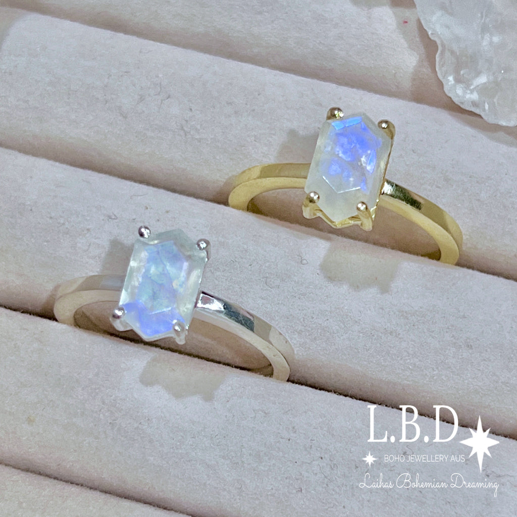 Laihas Mini Hex Crystal Moonstone Ring Gemstone Sterling Silver Ring Laihas Bohemian Dreaming -L.B.D
