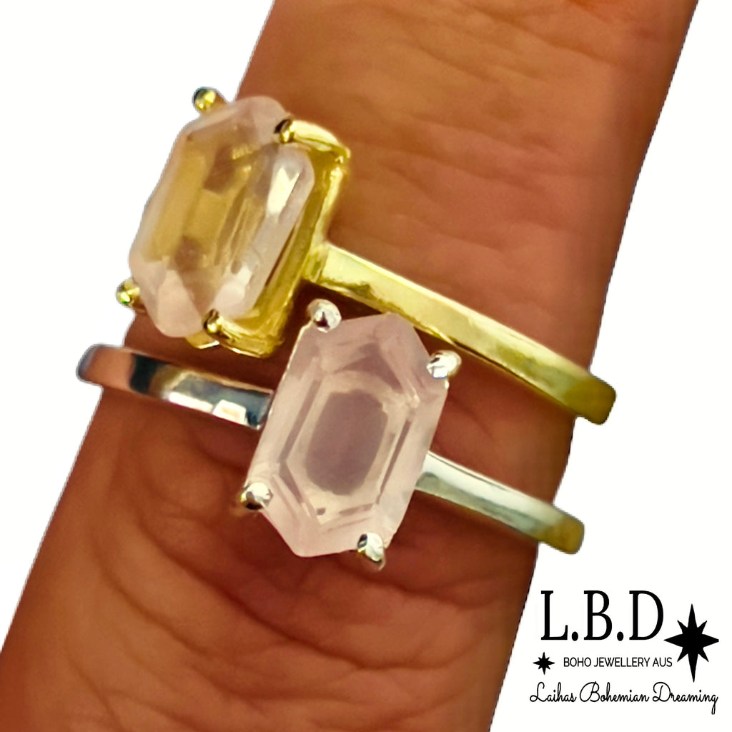 Laihas Mini Hex Crystal Rose Quartz Ring Gemstone Sterling Silver Ring Laihas Bohemian Dreaming -L.B.D