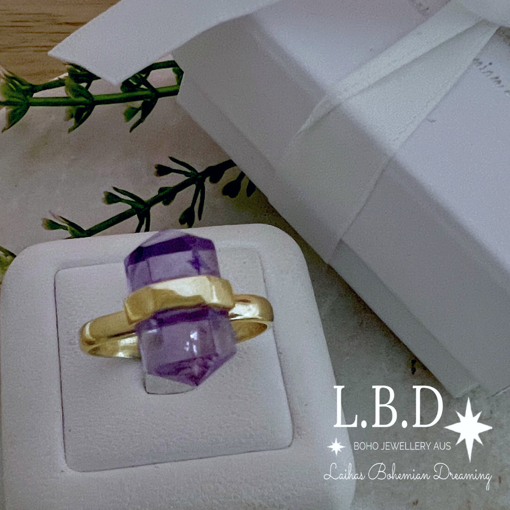 Laihas Gold Crystal Kindness Amethyst Ring Gemstone Gold Ring Laihas Bohemian Dreaming -L.B.D