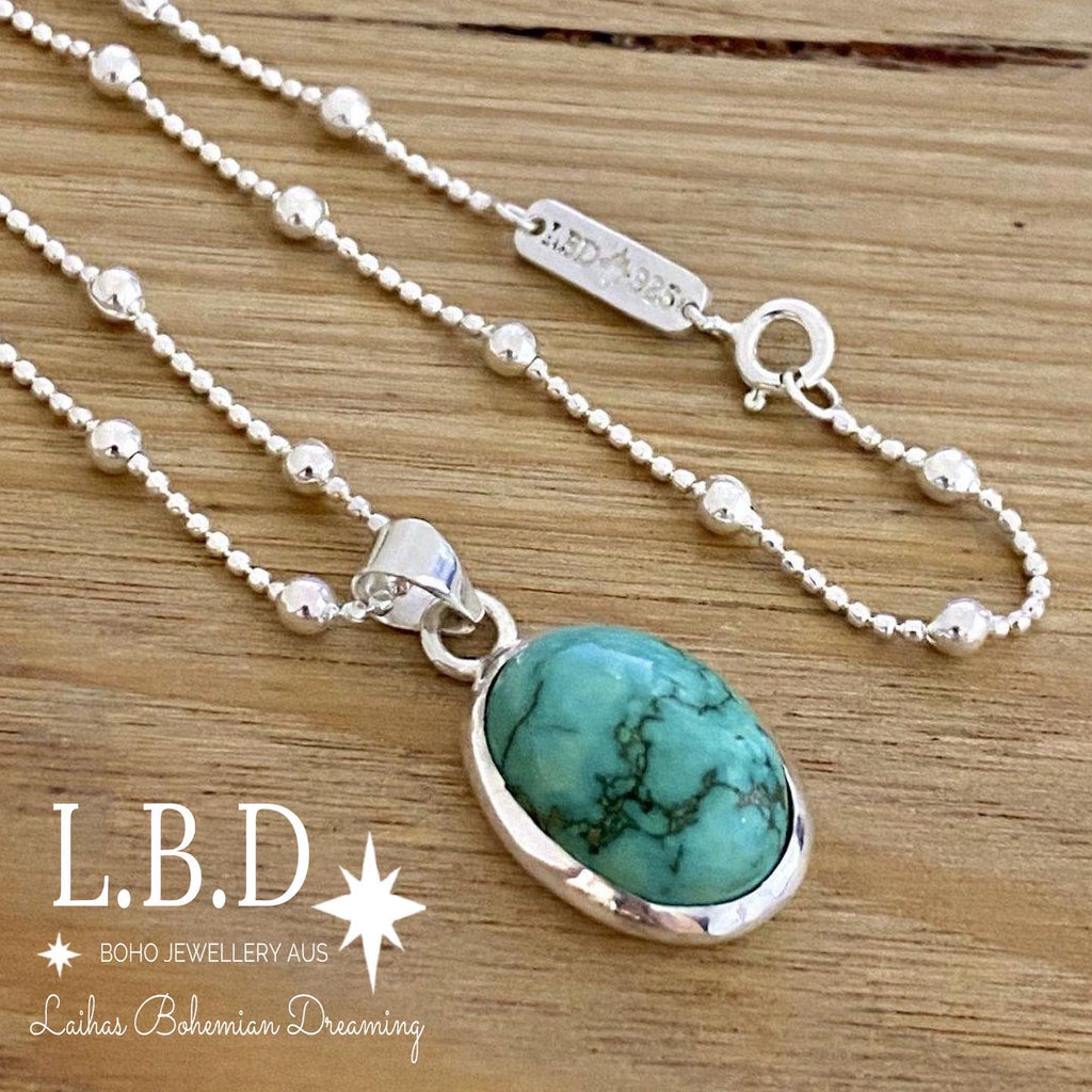 Laihas Classic Chic Oval Turquoise Necklace Gemstone Sterling Silver necklace Laihas Bohemian Dreaming -L.B.D