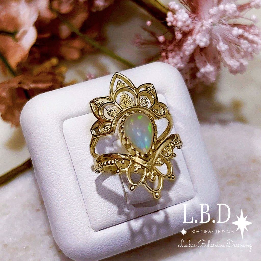 Gold Opal Ring Set- Gold Vermeil Daisly Boho Opal Ring Gemstone Gold Ring Laihas Bohemian Dreaming -L.B.D