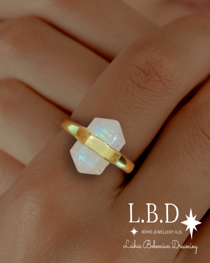 Laihas Gold Crystal Kindness Moonstone Ring Gemstone Gold Ring Laihas Bohemian Dreaming -L.B.D