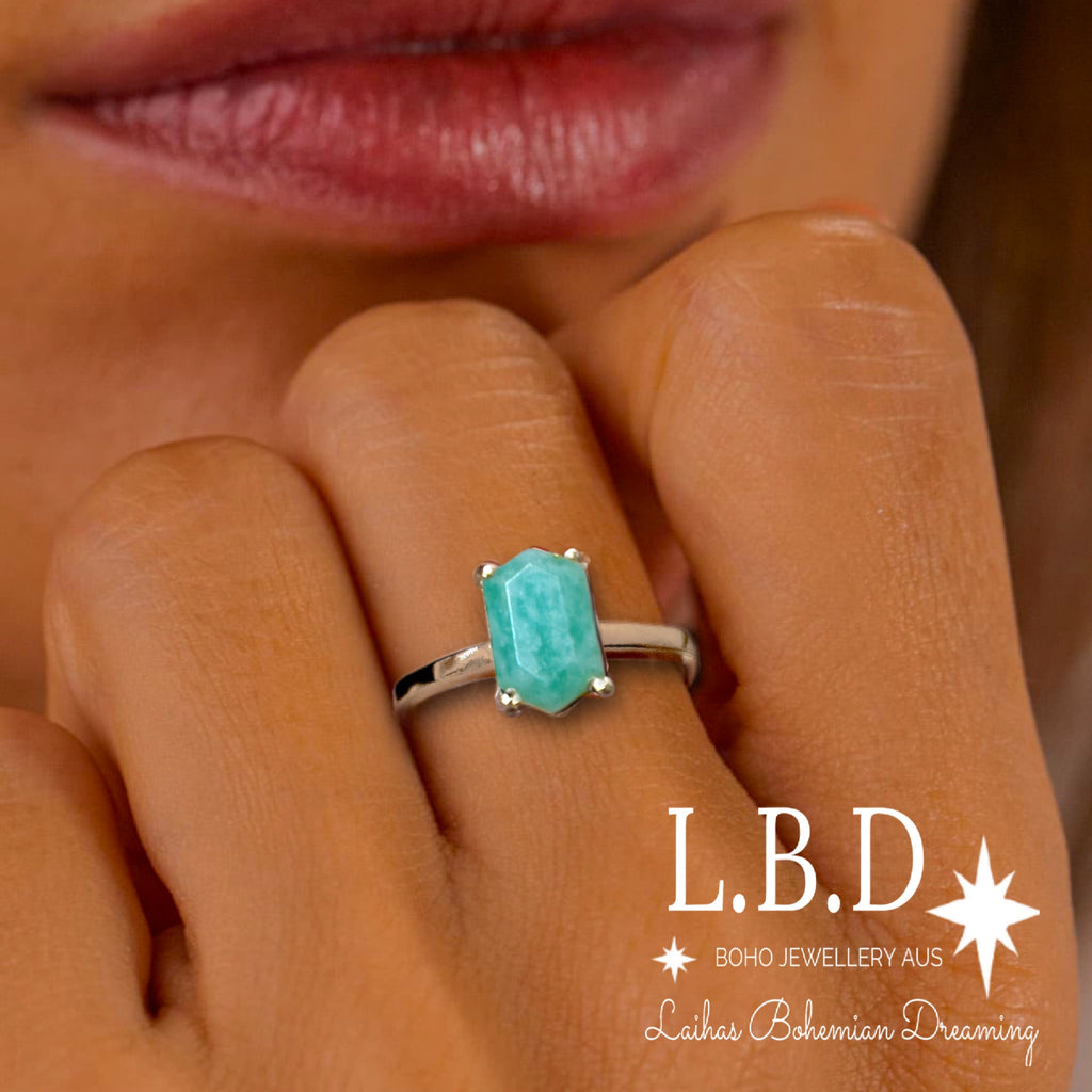 Laihas Mini Hex Crystal Amazonite Ring Gemstone Sterling Silver Ring Laihas Bohemian Dreaming -L.B.D