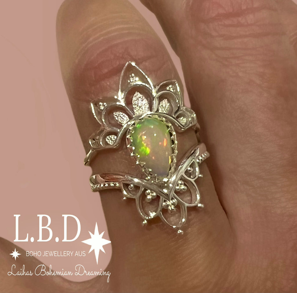 Laihas Daisly Boho Genuine Opal Ring Set Gemstone Sterling Silver Ring Laihas Bohemian Dreaming -L.B.D