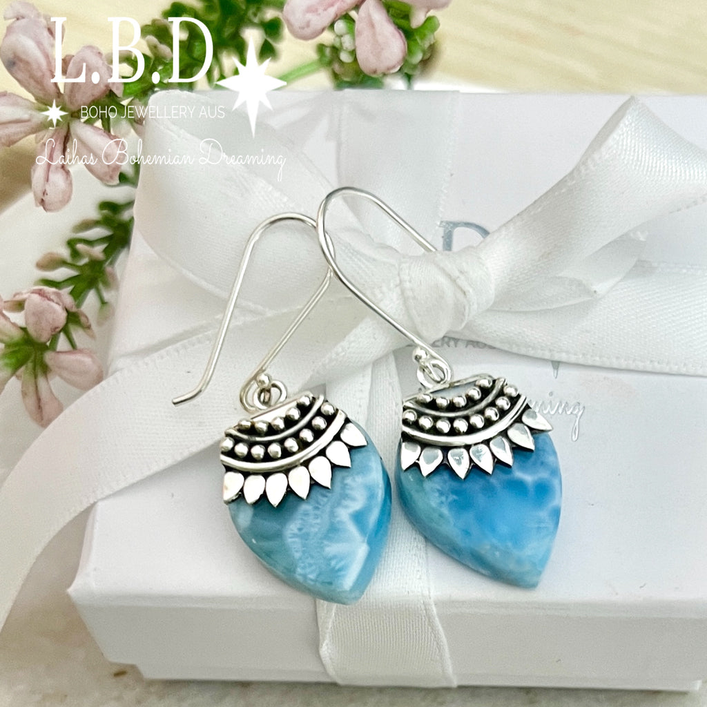 Laihas Harmonious Boho Larimar Earrings Gemstone Sterling Silver Earrings Laihas Bohemian Dreaming -L.B.D