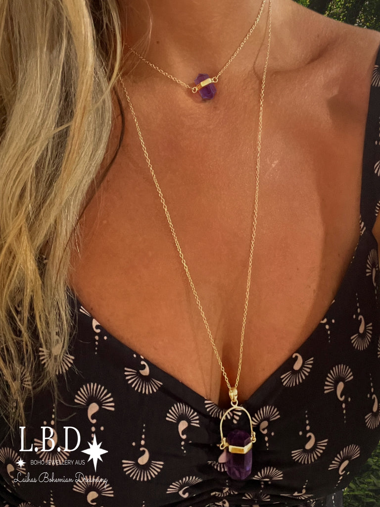 Laihas Large Crystal Kindness Gold Amethyst Necklace- Long Crystal Necklace Gold Gemstone Necklace Laihas Bohemian Dreaming -L.B.D
