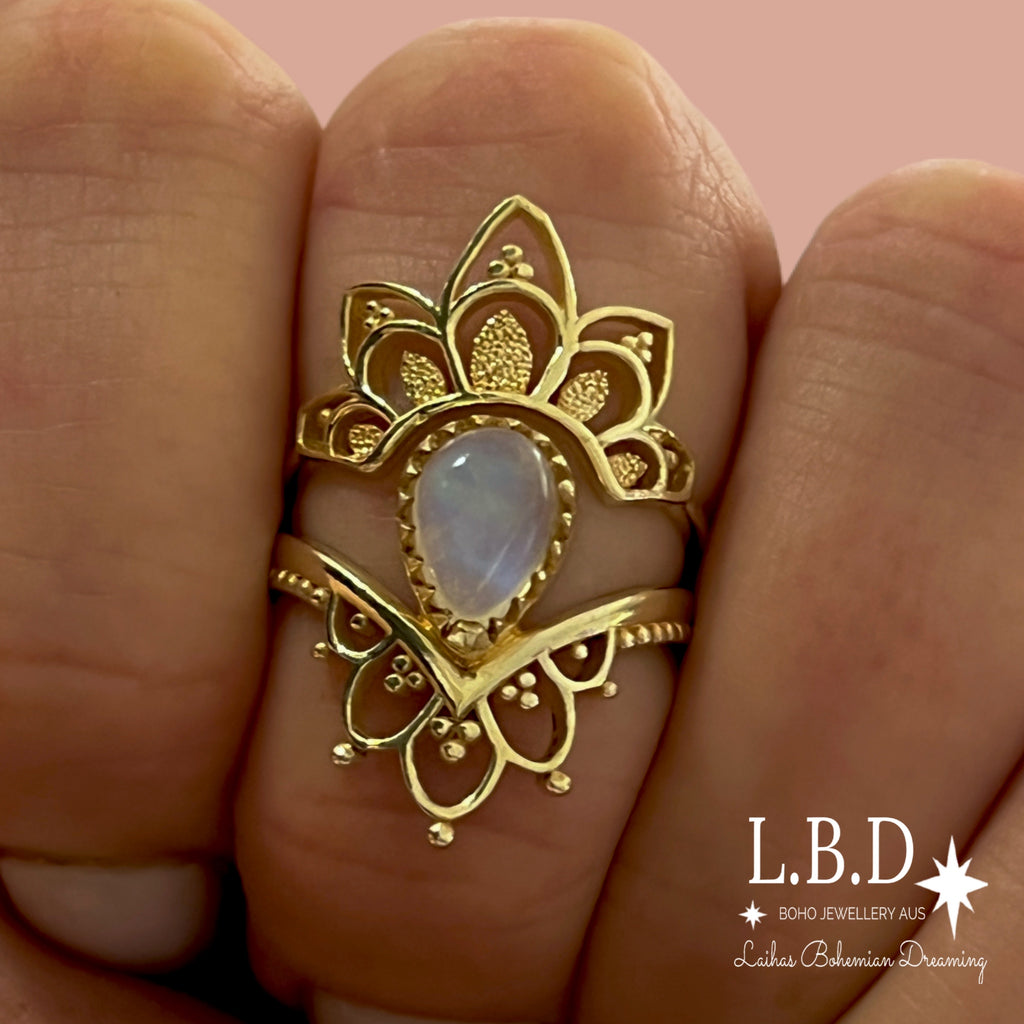 Gold Moonstone Ring Set- Gold Vermeil Daisly Boho Moonstone Ring Gemstone Gold Ring Laihas Bohemian Dreaming -L.B.D