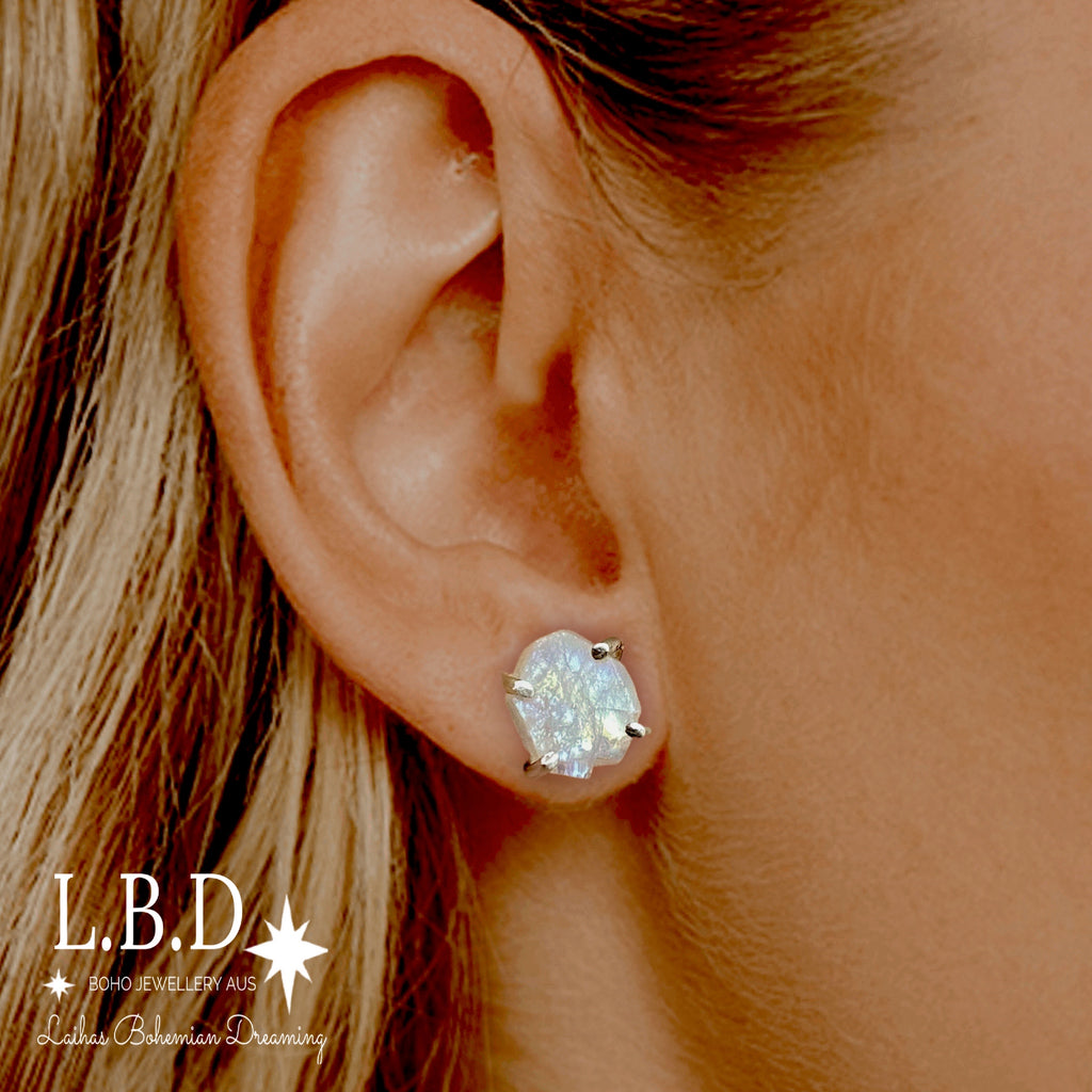 Moonstone Studs-Raw Crystal Moonstone Stud Earrings Gemstone Sterling Silver Earrings Laihas Bohemian Dreaming -L.B.D