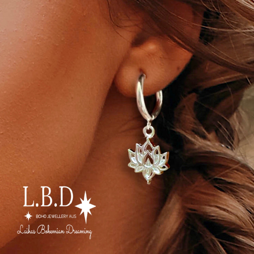 Laihas Boho Chic Lotus Flower Hoop Earrings- Sterling Silver Sterling Silver Earrings Laihas Bohemian Dreaming -L.B.D