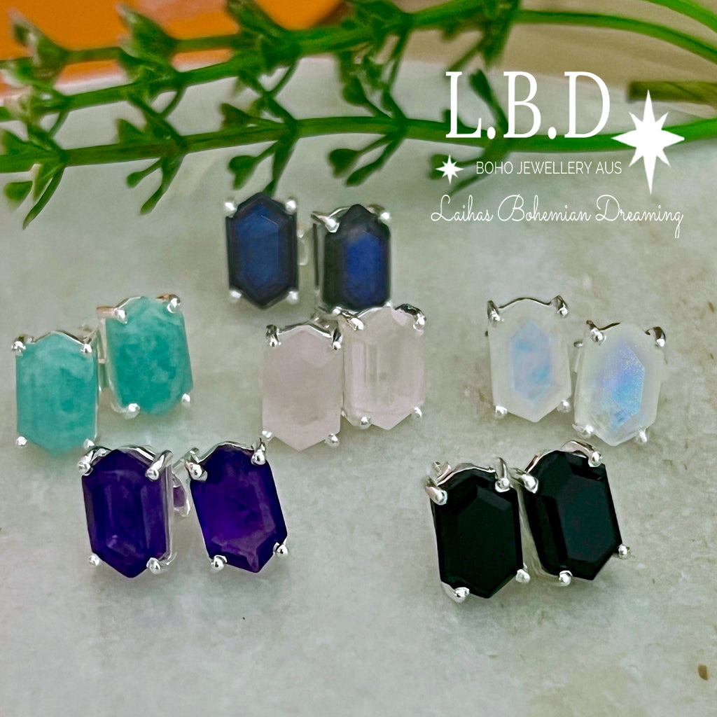 Laihas Hex Crystal Amethyst Stud Earrings Gemstone Sterling Silver Earrings Laihas Bohemian Dreaming -L.B.D