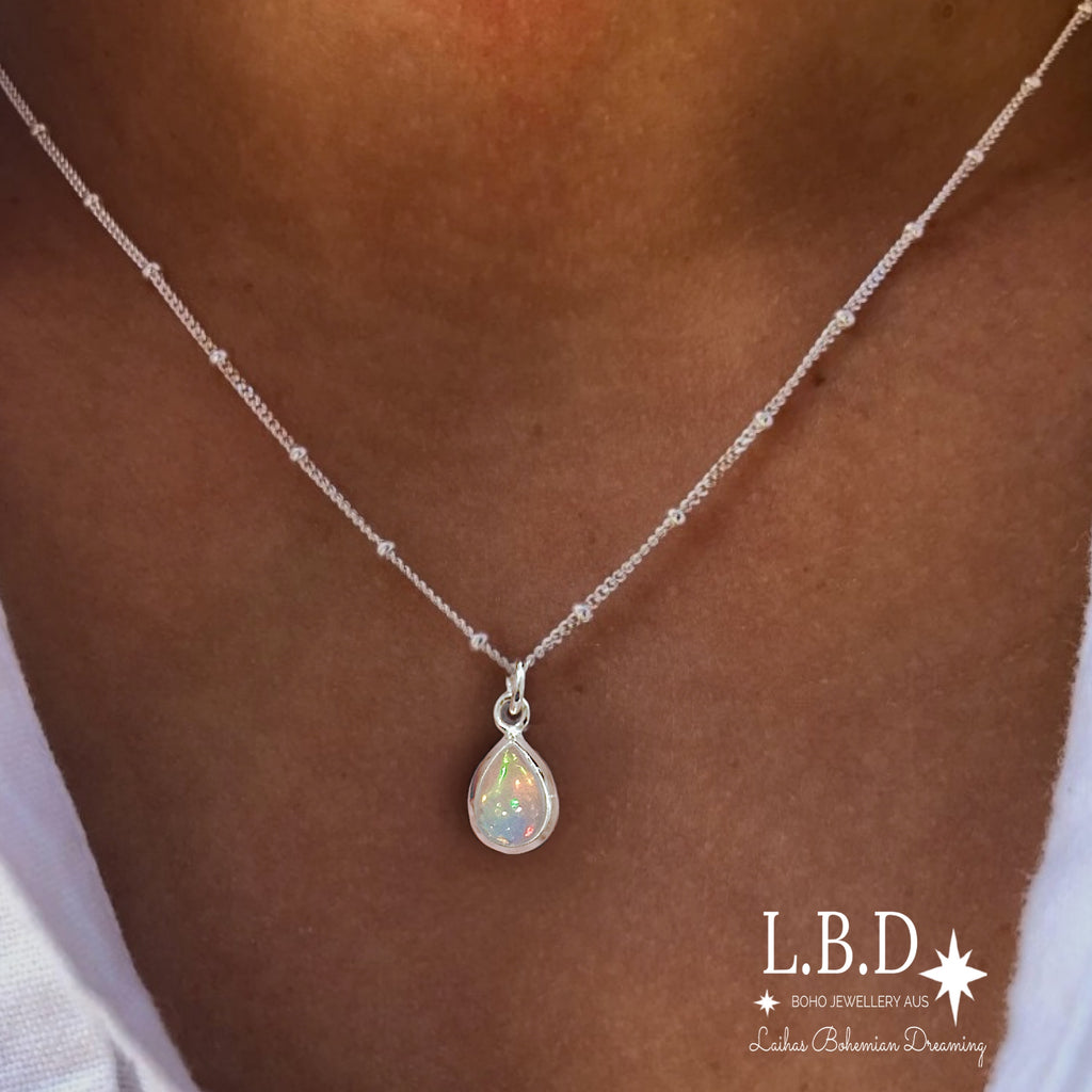 Laihas Classic Chic Raindrop Opal Necklace Gemstone Sterling Silver necklace Laihas Bohemian Dreaming -L.B.D