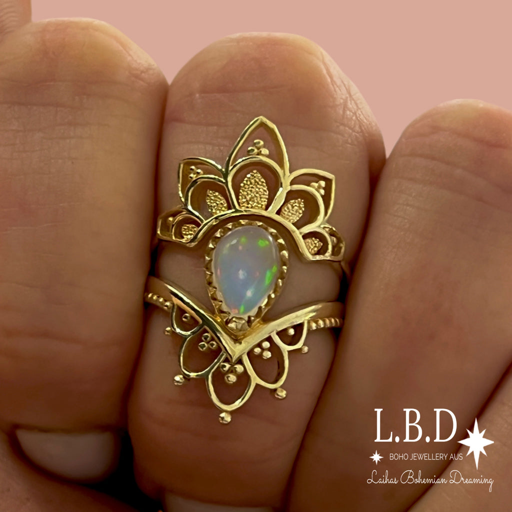 Gold Opal Ring Set- Gold Vermeil Daisly Boho Opal Ring Gemstone Gold Ring Laihas Bohemian Dreaming -L.B.D