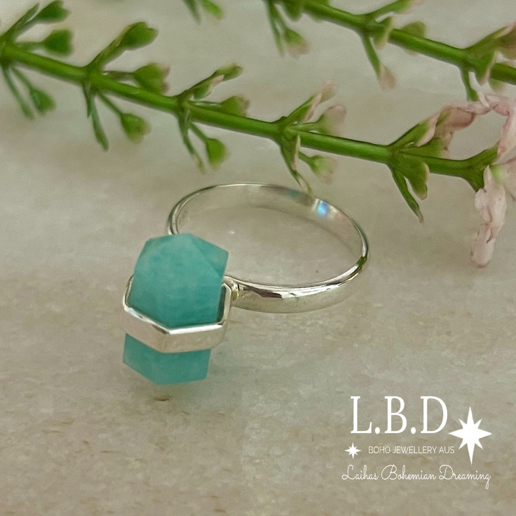 Laihas Crystal Kindness Amazonite Ring Gemstone Sterling Silver Ring Laihas Bohemian Dreaming -L.B.D