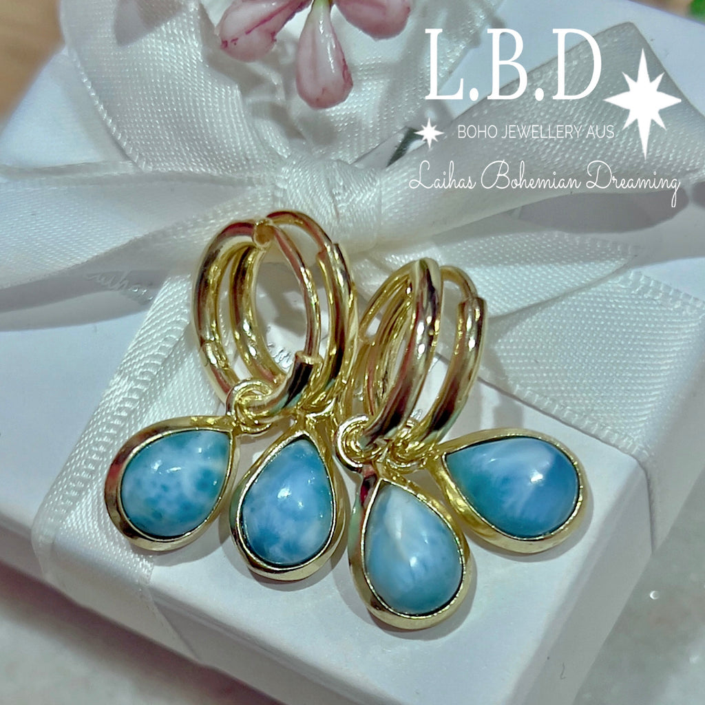 Laihas Classic Chic Raindrop Gold Larimar Hoop Earrings Gold Gemstone earrings Laihas Bohemian Dreaming -L.B.D