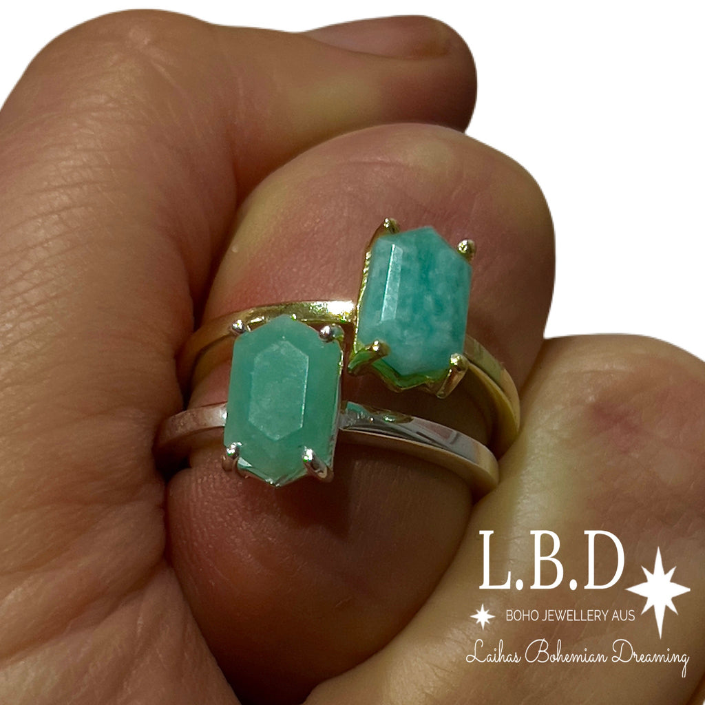 Laihas Mini Hex Crystal Amazonite Ring Gemstone Sterling Silver Ring Laihas Bohemian Dreaming -L.B.D