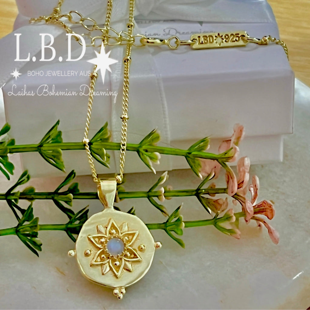 Intricate Vera May Gold Boho Necklace- Gold Moonstone Necklace Gold Gemstone Necklace Laihas Bohemian Dreaming -L.B.D